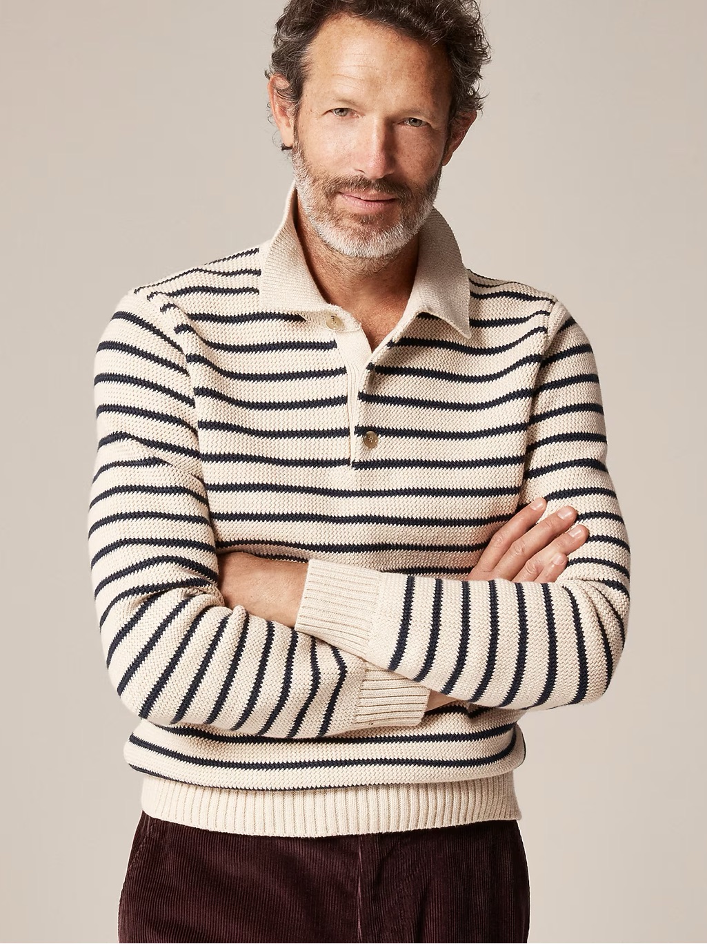 J. Crew Cotton Racking-Stitch Sweater-Polo In Stripe Oatmeal Navy Size L Cp706
